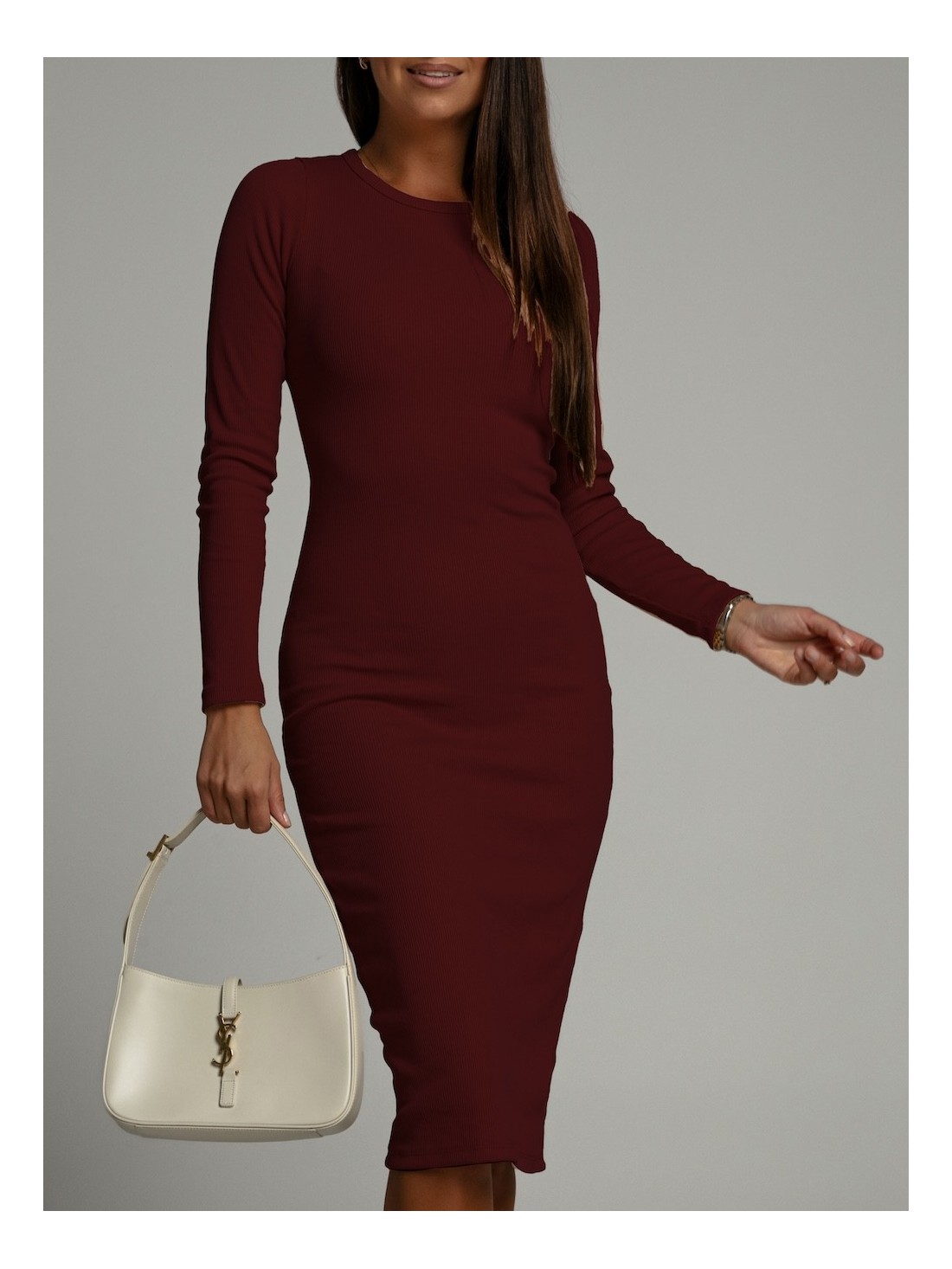 Basic striped dress with long sleeves, burgundy FG548 - Online store - Boutique